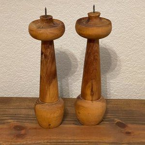 Mid Century Handmade Turned Olive Wood Pair Candle Sticks Charming Wabi Sabi